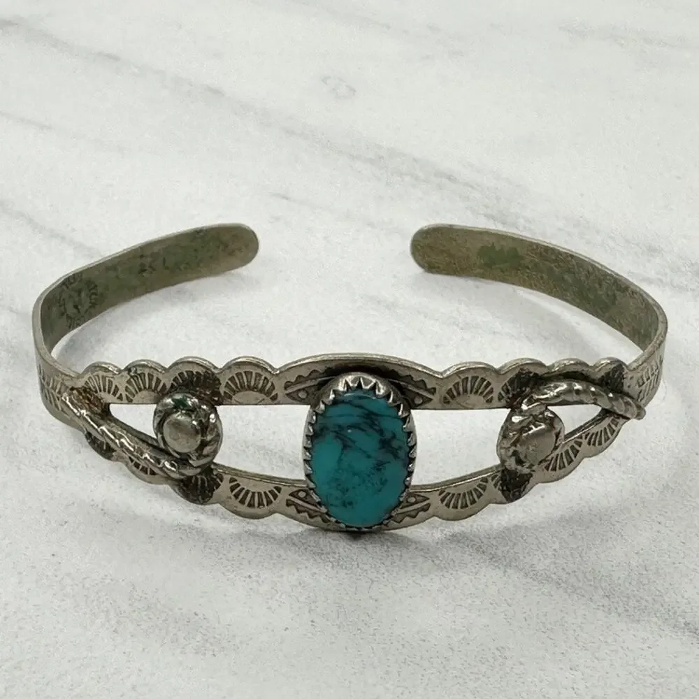 Vintage Bell Trading Post Nickel Silver Faux Turquoise Child Cuff Bracelet ✨